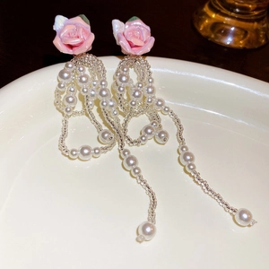 Blue flower beaded tassel earrings with pink rose studs and elegant white pearl droplets