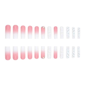 French gradient press-on nails with marble texture and rhinestones, 24 pieces set