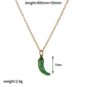 Gold necklace with green chili pendant showing size 18mm and length 400mm+50mm