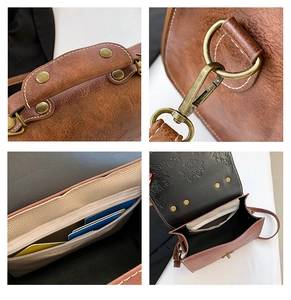 Detail view of vintage embossed leather texture, sturdy rivets, and inner card slots