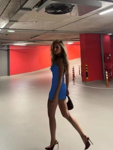 Slim fit blue sleeveless mini dress for women featuring a stylish side slit design