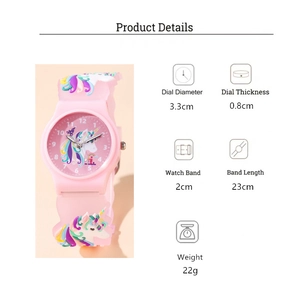 Detail of pink 3D unicorn strap and clear dial scale on kids quartz watch