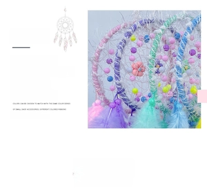 Detail of dream catcher with macaron feathers and colorful floral weave patterns