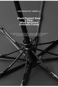 Detail of windproof umbrella frame made of black painted steel and high toughness fiber