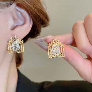 Baroque style gold square zircon stud earring featuring a vintage window frame design