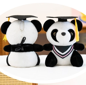 Detailed front and back view of a graduation panda plush toy with a doctoral cap.