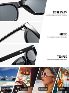 Detail view of reinforced hinges and nose pads on black square frame sunglasses
