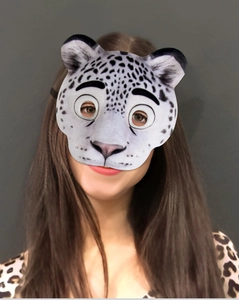 Detail view of cartoon snow leopard EVA mask with elastic strap for party cosplay