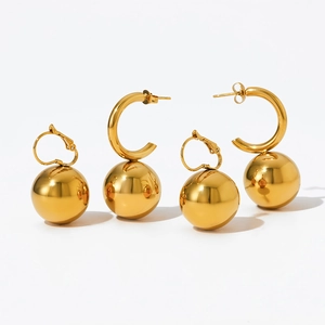 Polished gold stainless steel ball drop hoop and lever-back earrings set for women