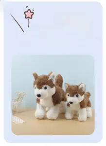 Close-up of soft husky plush toy in two sizes with realistic fur and blue eyes
