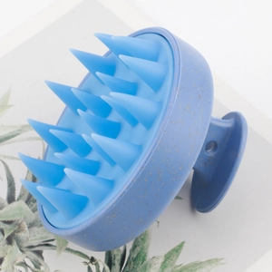 Blue silicone scalp massager brush with 19 soft teeth for hair washing