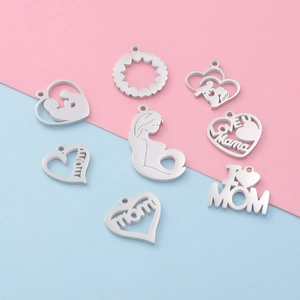 Detailed set of silver stainless steel heart pendants with Mom and Love U Mama engraving