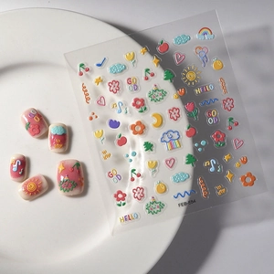 5D embossed cartoon nail stickers with rainbow and flower patterns for girls