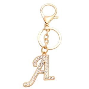 Golden letter A keychain with sparkling rhinestones and lobster clasp on white background
