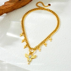 Gold stainless steel Cuban chain necklace featuring winged sun and cross pendants