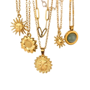 Golden stainless steel double-layered necklace set featuring sunflower and sun deity pendants