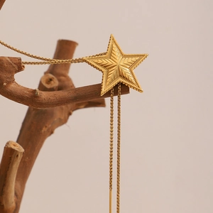 Star Pendant Lariat Necklace Textured 18K Gold Plated Stainless Steel Adjustable Long Tassel Jewelry For Women