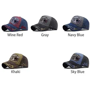 Vintage cotton baseball caps with 3D shark embroidery in five distressed colorways
