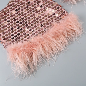 Détail de paillettes roses et bordure en plumes d'autruche sur la robe de soirée