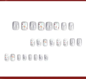 Christmas press-on nails set with snowman and snowflake designs in silver and white