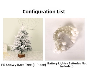 Mini PE flocked Christmas tree with rustic wooden base and warm white LED string light set
