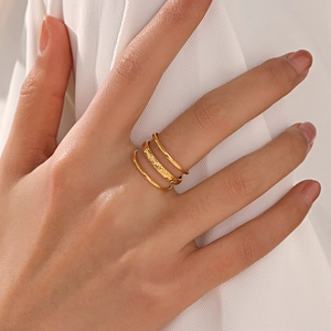 18K Gold Plated Stainless Steel Triple Layer Line Ring For Women Adjustable Hammered Texture Minimalist Hip Hop Jewelry