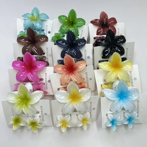 Macro shot of colorful plumeria flower hair clips set on display cards for styling