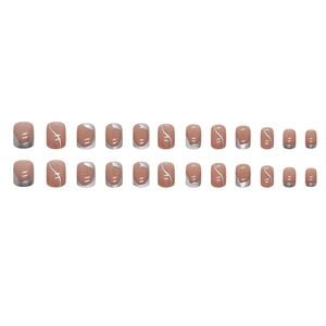 Silver irregular line art on short square nude pink press-on nails set 24pcs