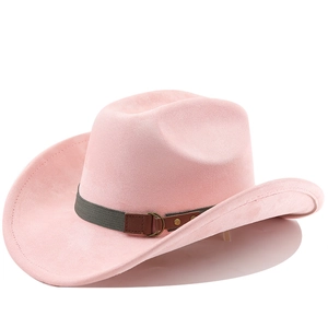 Detailed close-up of pink felt cowboy hat featuring dual-texture decorative bands and buckles