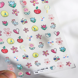 Self-adhesive nail art stickers with colorful crayon doodle bear and chick designs