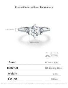 Macro view of S925 sterling silver ring featuring emerald cut hexagon stone and side diamonds