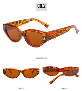 Detail shots of leopard print cat eye sunglasses with silver rivets and brown lenses