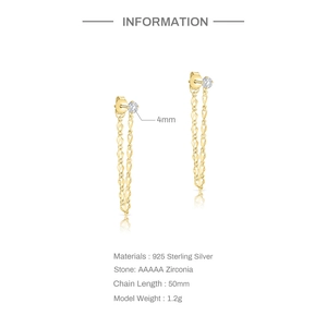 Macro view of 925 silver gold tassels and 4mm zircon studs with detailed size info