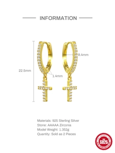 Detailed size specifications for S925 sterling silver pave zirconia cross hoop earrings
