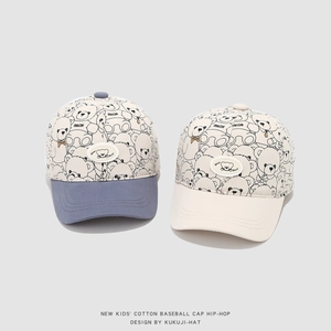 Cappellino da baseball in cotone per bambini con stampa orso in blu-grigio e beige