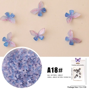 Macro detail of blue and pink gradient resin butterfly nail charms in retail packaging