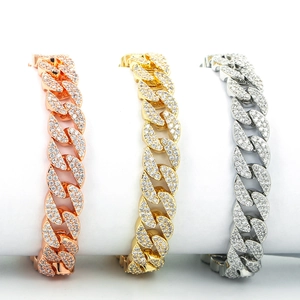 Iced out hip hop Cuban link bracelets in gold, silver, and rose gold finishes
