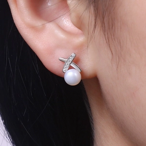 Elegant S925 silver cross line stud earrings with freshwater pearls and sparkling zircons