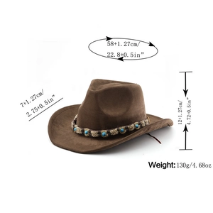 Chapeau de cowboy en daim marron avec dimensions détaillées et perles turquoise