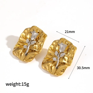 Two-tone 18k gold and silver titanium steel rose flower earrings measuring 21mm by 30.5mm