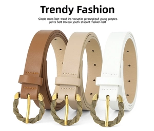Detailed view of retro gold braided buckles on brown, beige, and white PU leather belts