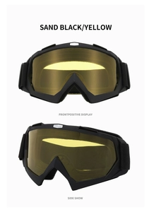 Front and side views of sand black ski goggles with yellow lenses and elastic strap