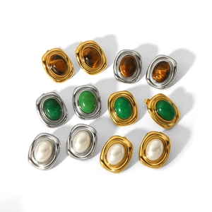 Vintage French titanium steel earrings set with natural stones in gold and silver frames