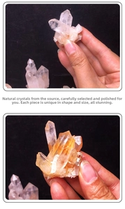 Macro view of raw white and citrine crystal clusters showing natural crystal structures