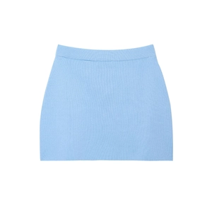 Flat lay close-up of light blue knitted mini skirt with detailed elastic waistband