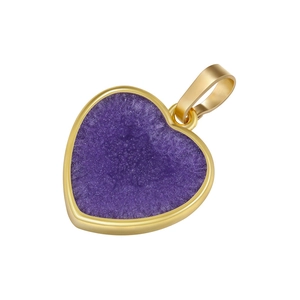 Detailed close-up of a heart-shaped 18K gold plated pendant with purple crystal texture