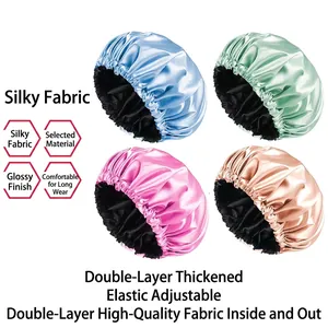 Set of four double-layered satin sleep caps with elastic bands in assorted soft colors