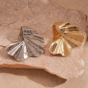 Artistic ginkgo leaf open rings in gold and silver finish with radial metal texture