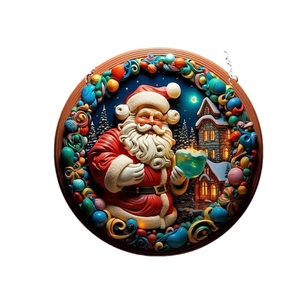 Christmas Santa Claus acrylic hanging ornament with festive winter cabin relief pattern