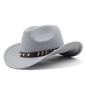 Grey wool felt western cowboy hat with brown leather rivet band shown at a 45-degree angle